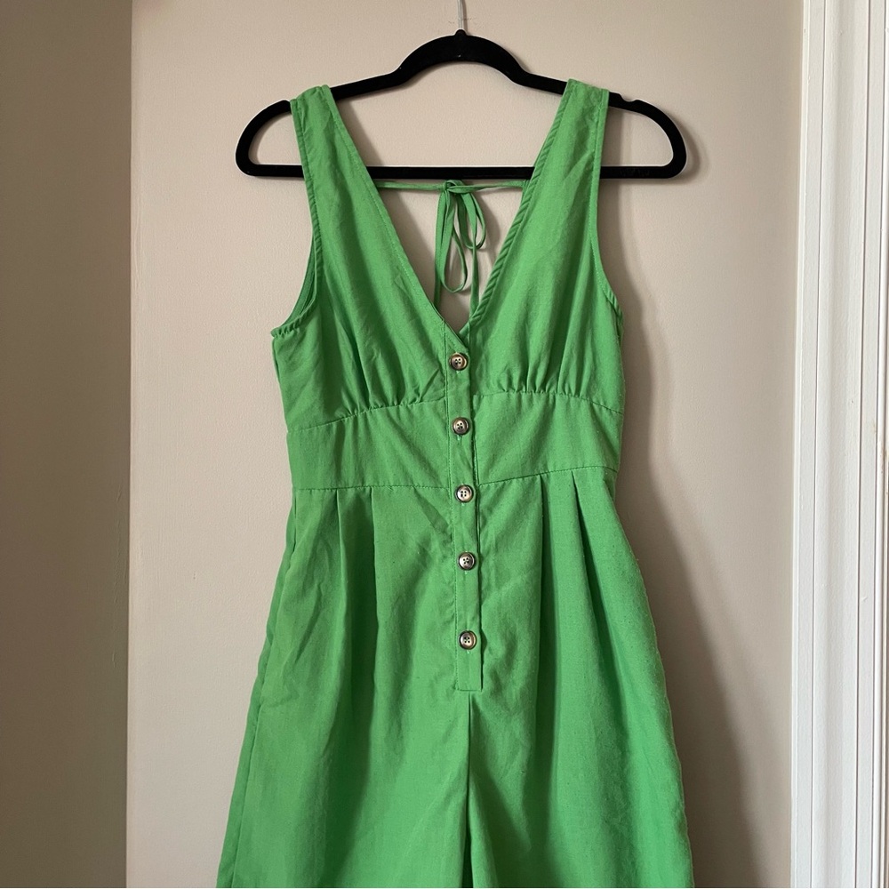 Green Wide Leg Jumpsuit Sleeveless V Neck a. calin by flying tomato